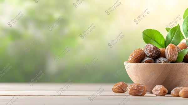 The image shows a wooden bowl filled with several dates along with some fresh green leaves. The bowl is placed on a wooden surface, and the background is blurred with shades of green, giving a sense of nature and freshness.