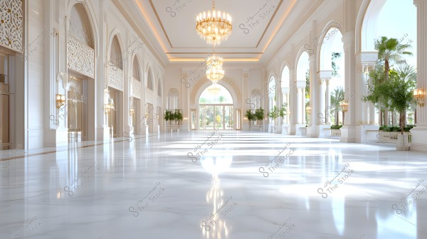 A spacious and luxurious hall design, featuring a shiny marble floor and a ceiling adorned with large, elegant golden chandeliers. The hall contains decorative white columns interspersed with large arched windows that allow natural light to flood in. Green plants are aesthetically distributed along the walls, with a view of palm trees outside visible through the windows.