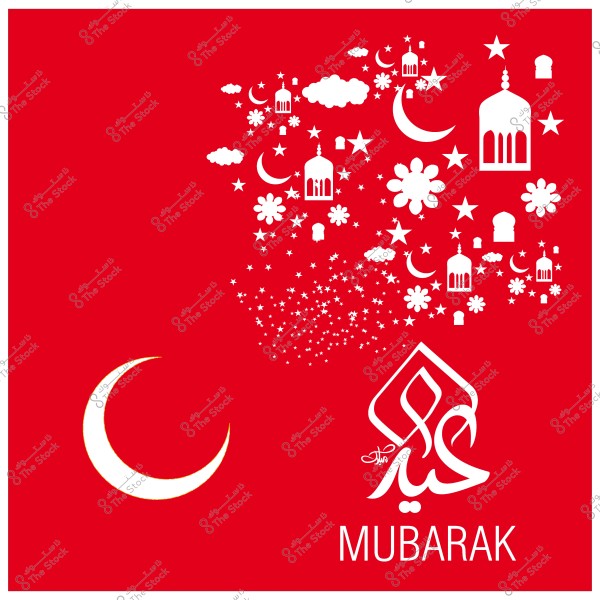 تصميم أحمر احتفالي لعيد مبارك يشمل هلال ونجوم وزخارف إسلامية مع عبارة \"عيد مبارك\".