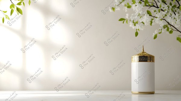 An image depicting a tall white container with an ornate golden lid featuring Arabic calligraphy. The container is placed on a marble surface with soft lighting casting shadows on the white wall in the background. In the upper right corner of the image, there are white flowers on green branches.