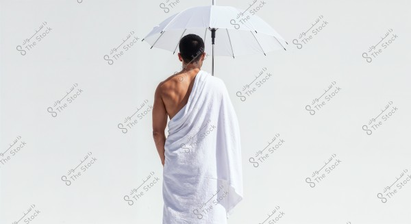 An image of a person standing from behind wearing a white robe and holding a white umbrella. The background is a blank white wall. The robe suggests traditional attire used in religious occasions in some cultures like Saudi Arabia.