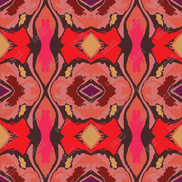 نمط زخرفي متماثل بألوان حمراء وزهرية وبرتقالية وأصفر داكن على خلفية داكنة.