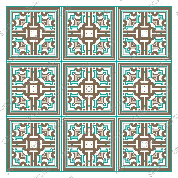 نمط هندسي تقليدي يتكون من تسعة مربعات متماثلة بألوان بنية وزرقاء متشابكة بأسلوب فسيفساء.