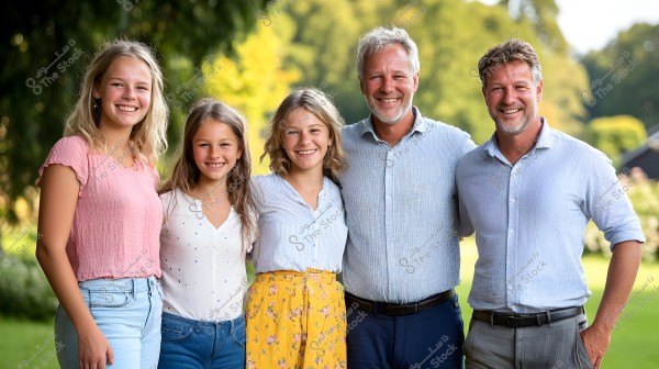 تظهر الصورة خمسة أشخاص يقفون في الهواء الطلق, ترتدي ثلاث فتيات ملابس صيفية ملونة ذات تصاميم غير رسمية. الفتاة الأولى ترتدي بلوزة وردية وبنطال جينز أزرق فاتح, والثانية ترتدي بلوزة بيضاء وبنطال جينز أزرق, والثالثة ترتدي بلوزة مخططة وتنورة صفراء مزهرة. الرجلان يرتديان قمصانًا بأكمام طويلة بألوان فاتحة وسراويل رسمية. الخلفية تظهر أشجارًا وخضرة في يوم مشمس.