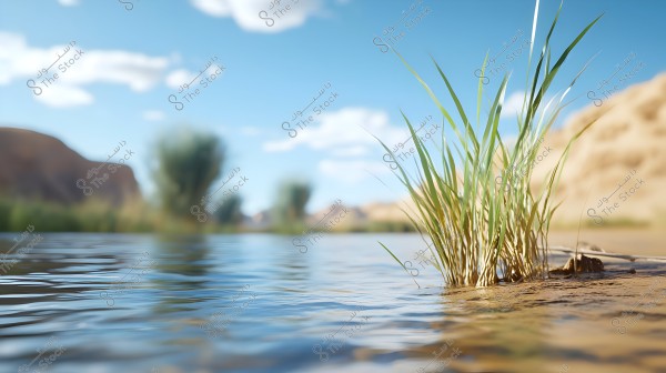 A natural landscape depicting a small bay with green plants growing at the water\'s edge under a clear blue sky with a few white clouds. Sandy mountains and earthy terrain appear in the distant background, giving the scene a sense of calm and environmental beauty.