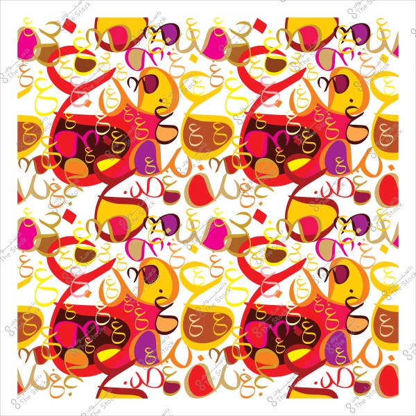 Decorative design with multicolored Arabic calligraphy in red, yellow, and purple.