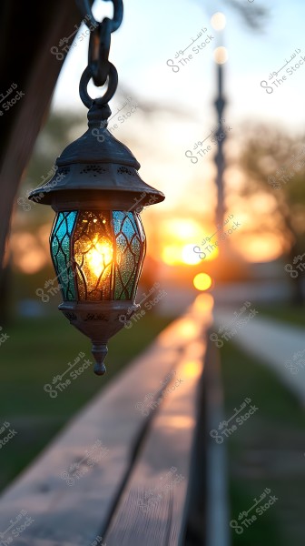 A metal lantern with blue and green stained glass panels is hanging in the air. The sun is setting behind the lantern, creating a captivating and bright effect through the glass. In the background, a tall, blurry structure, possibly a minaret, is visible, surrounded by a natural setting of trees and a sky colored with warm sunset hues.