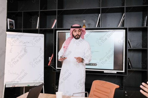 A Saudi man in traditional Saudi dress conducts a business meeting in the boardroom during the day