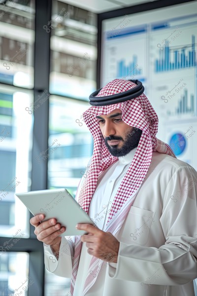 Image of a man wearing traditional Saudi attire including a thobe, ghutra, and agal, standing inside a modern office overlooking skyscrapers. The man is holding a tablet and looking at it intently. In the background, screens display graphs and statistics.