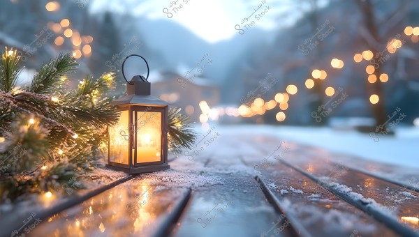 A lit traditional oil lantern placed on a snow-covered wooden table, with pine tree branches decorated with lights. The lights extend into the background, illuminating a snowy winter scene with a misty mountain in the distance.