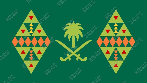 صورة تحتوي على تصميم يعرض شجرة نخيل وسيفين متقاطعين باللون الأخضر في المنتصف, مع شكلين ماسيين على اليسار واليمين يحتويان على أنماط هندسية من المثلثات بألوان الأحمر, البرتقالي, والأصفر على خلفية خضراء.