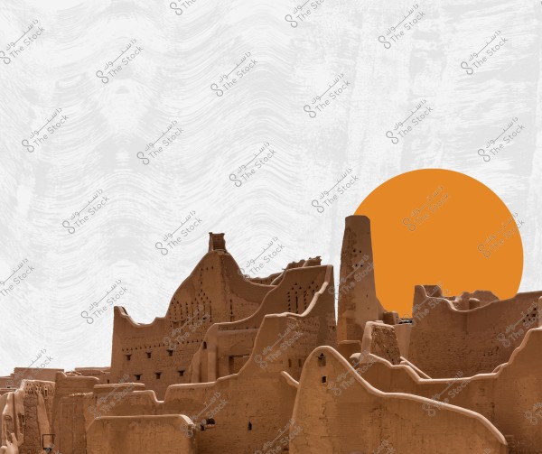 Image of a traditional architectural scene featuring brown mud-brick buildings with intricate heritage designs and patterns. In the background, an orange circle representing the sun adds a dramatic effect to the scene under a white sky with a wavy pattern.