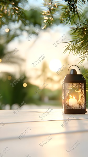 An image of a lantern-style lamp placed on a wooden surface, illuminated by an inner candle. Green plant branches hang from above. The atmosphere is bright with a background showing sunlight at sunset, adding a warm and tranquil touch to the scene.