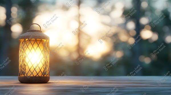 A lit lantern placed on a wooden surface outdoors during sunset. The golden light from the lantern blends with the blurred green background of trees and plants, creating a warm and tranquil atmosphere.