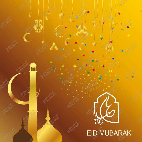 تصميم يعرض أشكالاً ذهبية لهلالات ونجوم وزخارف إسلامية مكتوب عليها \"عيد مبارك\" على خلفية ذهبية.