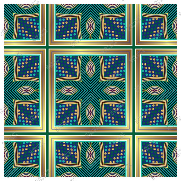 نمط زخرفي هندسي بألوان زرقاء وذهبية وخطوط متقاطعة ونقاط ملونة.