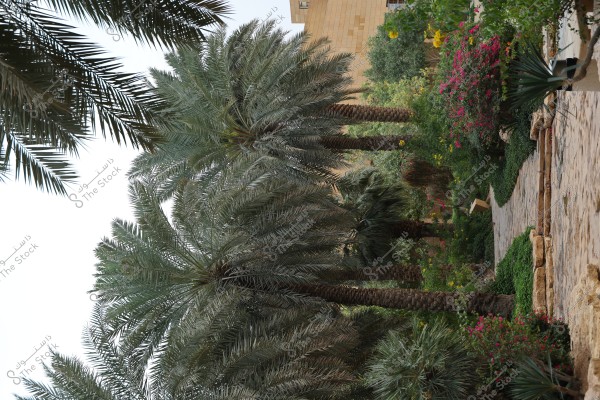 An image of a garden with a stone-paved pathway, surrounded by lush green palm trees and various colorful plants. A building with stone walls is visible in the background. The greenery is abundant, and yellow and pink flowers add a splash of color.