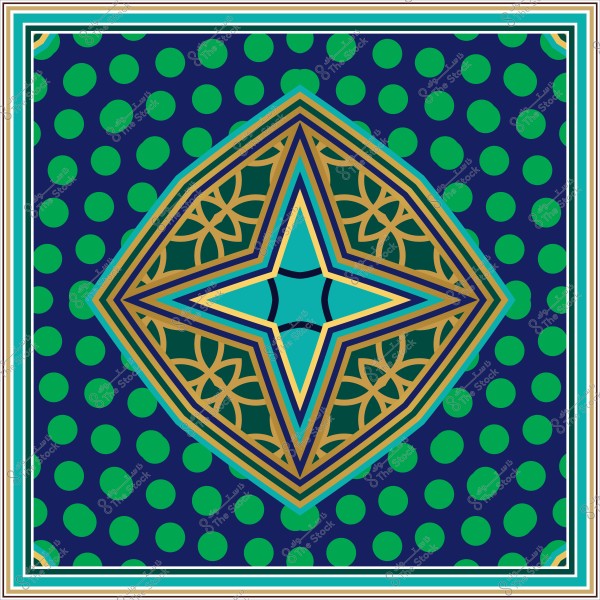 تصميم هندسي مكون من أنماط معقدة وألوان زرقاء وخضراء, مع خطوط ذهبية متداخلة على خلفية منقطّة.