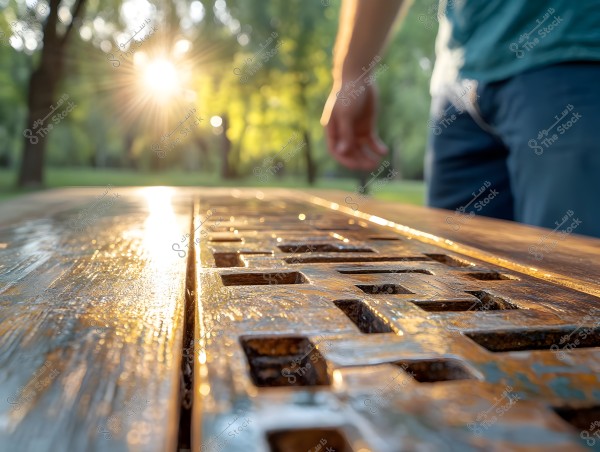 An image of the top portion of a carved wooden table with a person\'s hand reaching towards it. Sunlight beams through the trees in a natural park, creating a glow on the wooden surface. The natural wood colors and details are vividly highlighted while the background remains softly blurred.