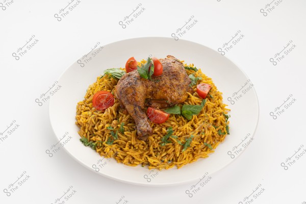 A plate of yellow basmati rice with roasted chicken, garnished with tomatoes and mint, on a white plate.