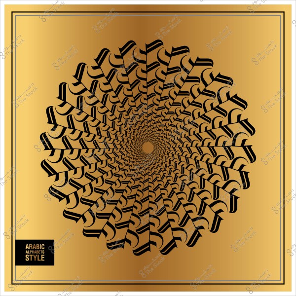 تصميم هندسي ذهبي على شكل دائرة مكون من عناصر زخرفية مستوحاة من الخط العربي.