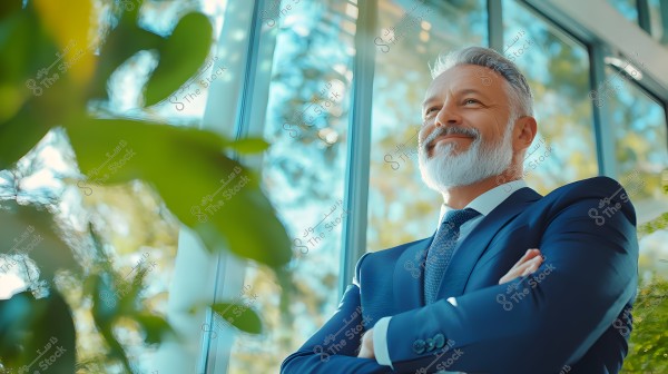 A portrait of an elegant elderly man standing inside a modern glass building, wearing a blue suit and tie. He has a slight smile and exudes confidence, with arms crossed. Behind him is part of a tree, and through the window, a scenic view with greenery can be seen.
