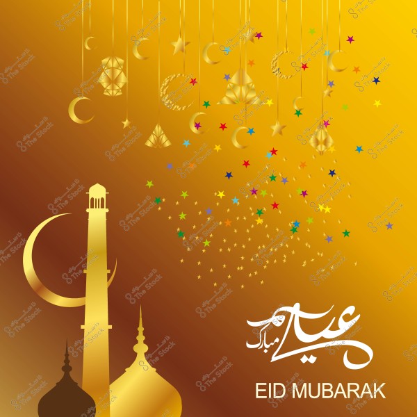 تصميم بطاقة تهنئة بالعيد يظهر فيها هلال ومئذنة ونقوش إسلامية وكلمات \"عيد مبارك\".