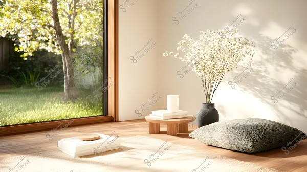 A bright living room with a large window overlooking a vibrant green garden. Sunlight streams into the room, illuminating the wooden floor. The interior features a large light gray cushion, a small round table with books and a white cylindrical decor piece. A large black vase with tall white flowers sits beside the cushion, adding an elegant touch to the space.