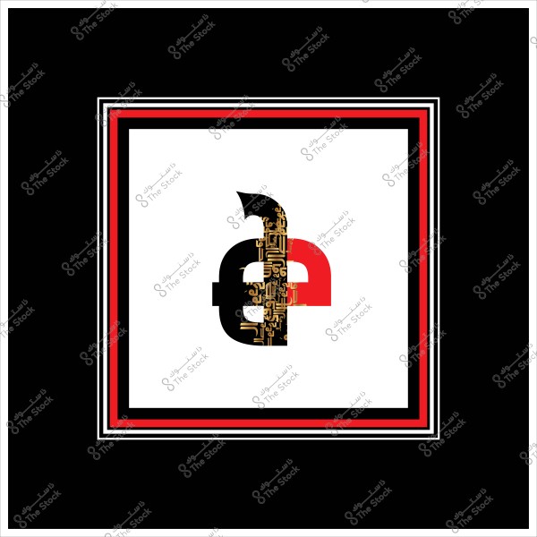 An artistic illustration featuring a geometric design combining the English letters \"a\" in black and \"f\" in red, with traditional Arabic script patterns in gold integrated into the letters. The design is enclosed within a double square frame of red and black lines.
