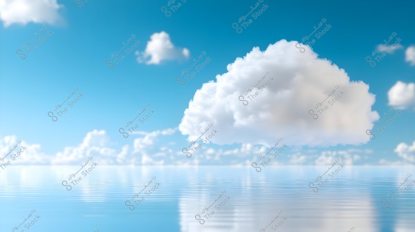 A natural scene showing a large white cloud floating in a clear blue sky, with its reflection visible on the calm water surface. Smaller clouds are scattered across the horizon.