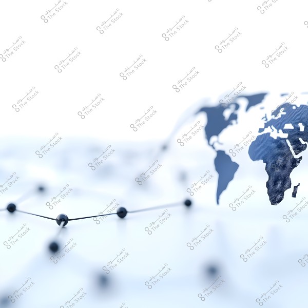 An interactive world map depicted in a blue mesh style on a white background. To the left, there are lines connected by small nodes, suggesting global networking or connectivity. The image prominently shows Eurasia and Africa.