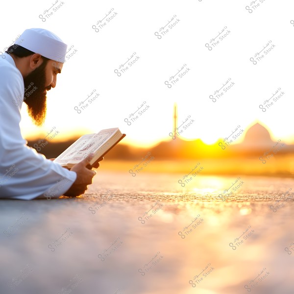 A man wearing a white robe and head covering sits on the ground reading from a holy book at sunset. In the background, a minaret and dome are visible with a skyline illuminated by the setting sun.