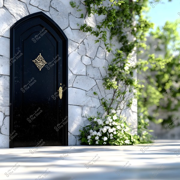 A black door with a traditional gold decorative design set in a white stone wall, surrounded by green plants and white flowers. Shadows spread across the ground in the foreground, suggesting a sunny day.
