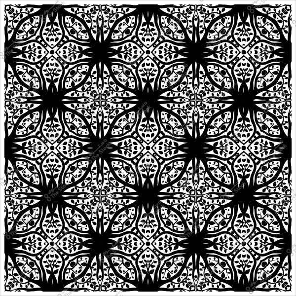 تصميم زخرفي متماثل بالأبيض والأسود يعكس أشكال نباتية وهندسية متكررة.