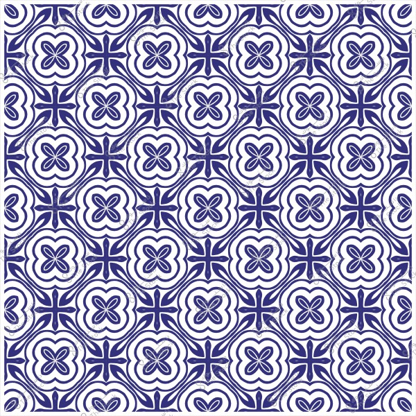 Symmetrical decorative pattern with repeating geometric shapes in blue on a white background.