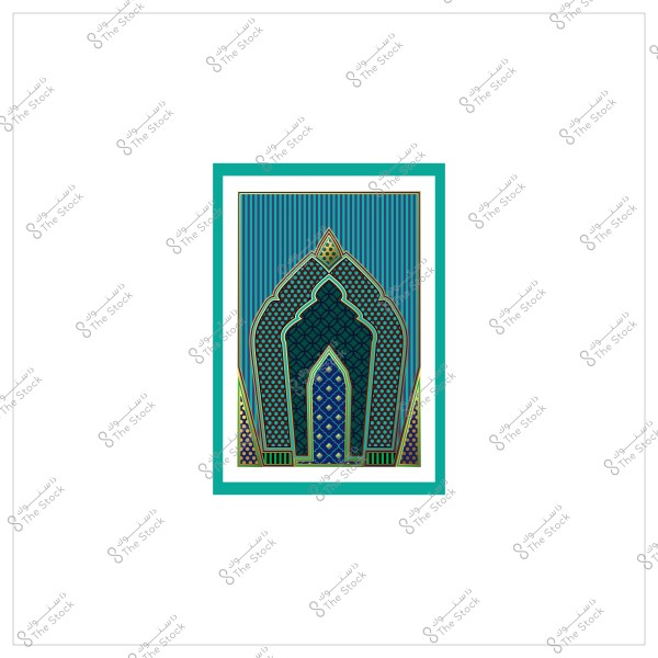 Artistic design featuring a distinctive geometric pattern in green, blue, and gold. The shape resembles an arch or ornate window, with intricate geometric details and a striped blue background.