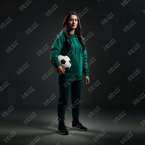 An image of a young woman standing and holding a soccer ball under her arm. She is wearing a dark green tracksuit with black sneakers and has a confident expression. The background is dark, highlighting the subject in the foreground.