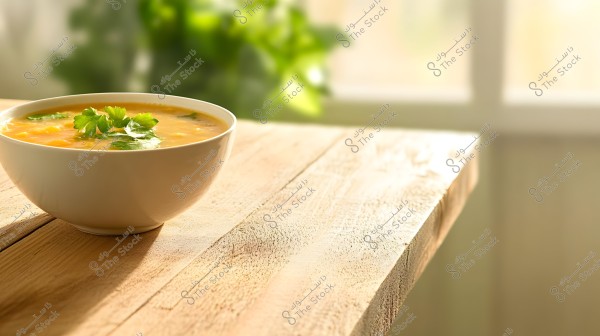 A round bowl of soup sits on a light-colored wooden table. The soup is garnished with fresh cilantro leaves, and the background is softly illuminated by sunlight, with out-of-focus greenery visible.