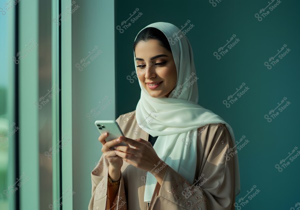 A portrait of a young woman standing by a window looking at her phone. She is wearing a white headscarf and a traditional beige embroidered robe. Natural light from the window illuminates her face, with a soft green wall in the background.