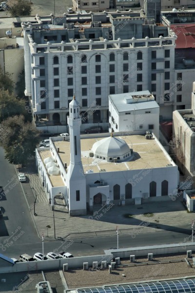 Overhead view of a mosque on a main street