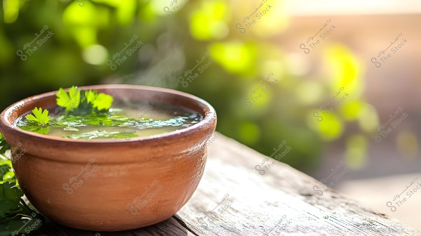 A clay bowl filled with hot soup garnished with fresh parsley leaves. The bowl is placed on a wooden surface in an outdoor setting illuminated by sunlight, with a blurred green background.