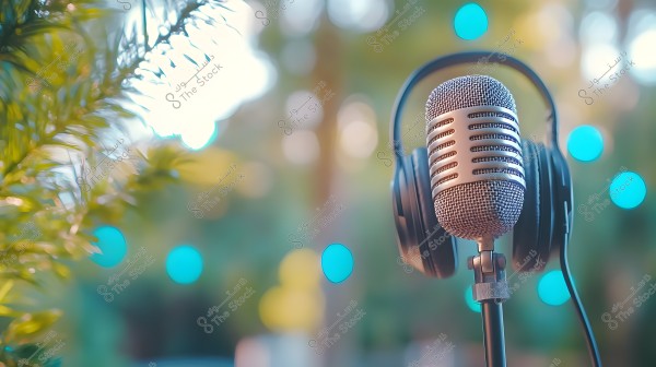 The image shows a professional microphone surrounded by black headphones. The focus is on the microphone and headphones, with a blurred background featuring small circular blue lights, creating a relaxed and artistic atmosphere. Green leaves appear on the left side of the image.
