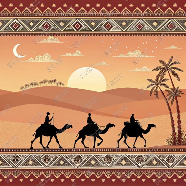 صورة لمنظر صحراوي عند غروب الشمس. تظهر ثلاث جمال مروضة يسيرون في خط, يركب كل منها شخصان يرتديان ملابس تقليدية عربية. حول الجمال, أشجار نخيل تتوزع على الكثبان الرملية ذات اللون البني والبرتقالي. السماء مضاءة بألوان الغروب بدرجة من البرتقالي محاطة ببعض الغيوم والهلال يظهر في الأفق. الزخرفة العربية التقليدية تضيف جمالًا وجاذبية للصورة في الأعلى والأسفل.