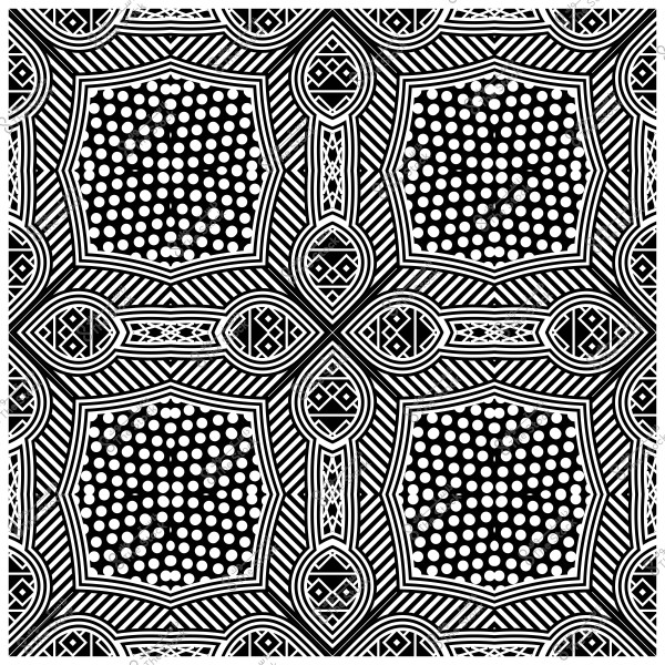 نمط هندسي أبيض وأسود يتكون من أشكال هندسية متكررة ودوائر.