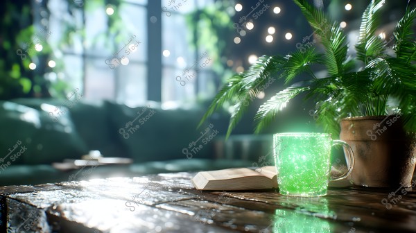 The image shows a glass cup of glowing green tea placed on a wooden table next to an open book and a potted plant. The lighting is dim, reflecting a sparkle from the drink and surrounding plants, with a cozy seating area in the background and large windows allowing natural light to flood in.