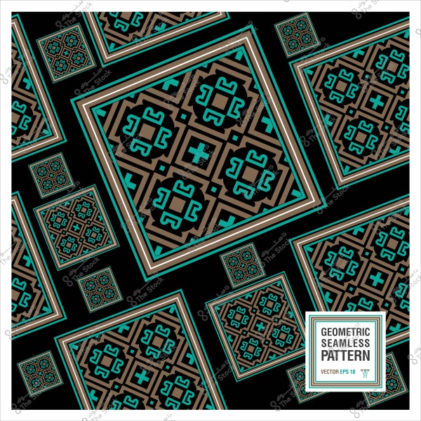 Seamless geometric pattern with square shapes in blue and brown on a black background.