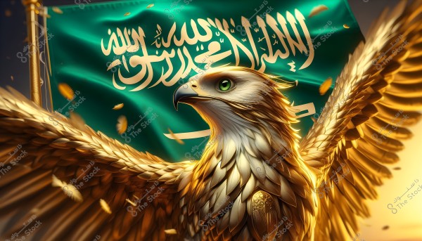 An image of a digital illustration depicting a golden falcon with intricate details and outstretched feathers under the green Saudi flag. The flag bears the Islamic creed written in Arabic. The falcon appears strong and proud, looking forward with sharp green eyes.
