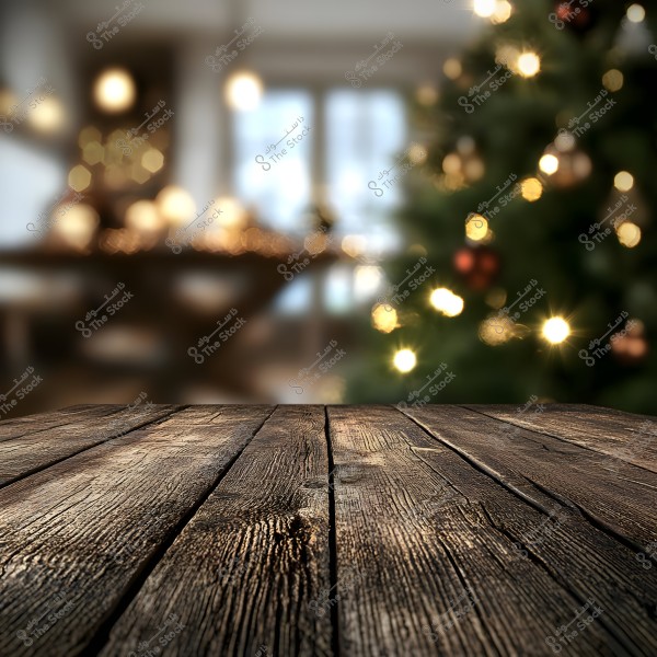 An image of an old wooden table in the foreground, with a blurred background of a room decorated with a Christmas tree illuminated by warm-colored lights. The table shows detailed wood grain and knots, while the lights in the background create a warm festive atmosphere.