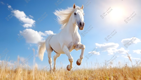 Image of a white horse running on a grassy field under a clear blue sky with scattered white clouds. The horse\'s flowing mane is highlighted as it moves gracefully, with the bright sun shining in the background.