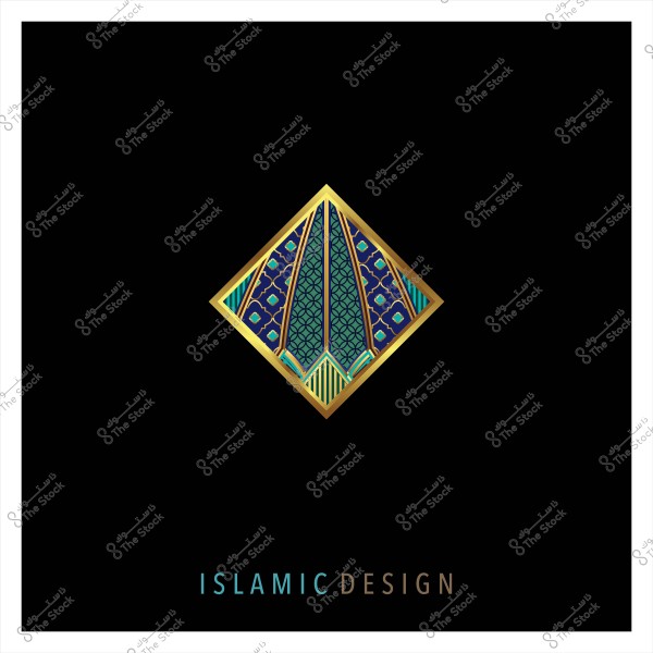 تصميم هندسي إسلامي بألوان ذهبية وزرقاء وخضراء على خلفية سوداء.